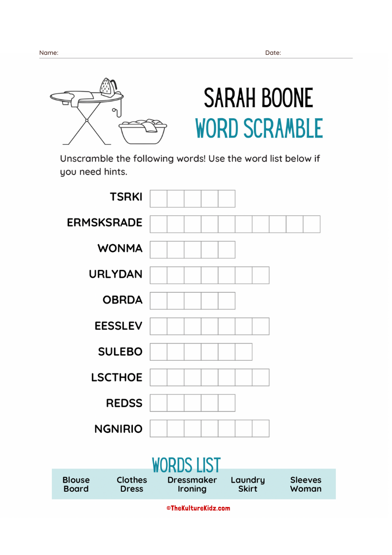 Sarah Boone Word Scramble